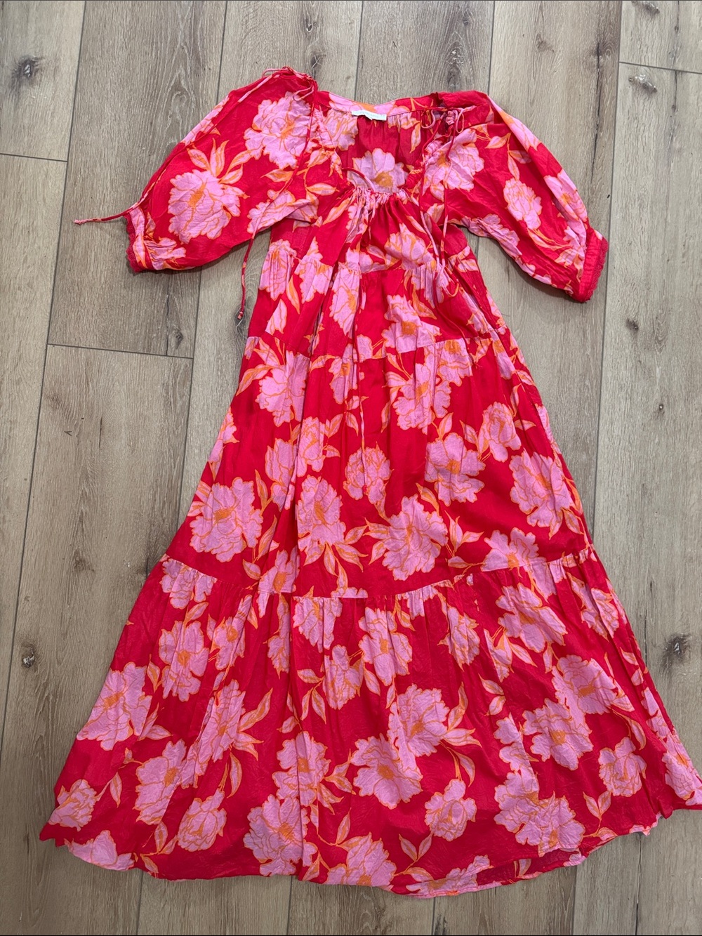Olivaceous Red Floral Maxi Dress with Pink & Orange Blooms